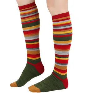 Close-up view of retro multi-colored striped cotton knee-high socks on a model