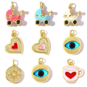 Copper Zirconia Enamel Pendant Charms Evil Eye Life Tree Heart Stroller Coffee Cup For DIY Jewelry Making Necklaces Accessories