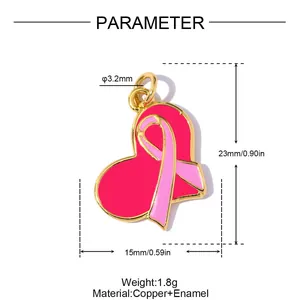 Pendente a cuore in smalto rosa con nastro, dimensioni precise di 23 mm per 15 mm.