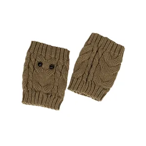 Brown knitted leg warmers featuring cute owl design with black button eyes detail