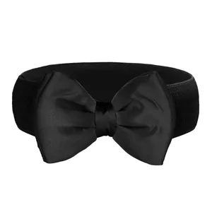 Detailed view of the elegant black satin bow on an elastic stretch waist belt for women.