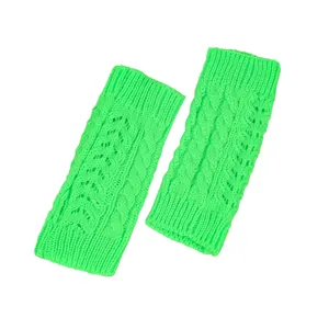 Neon green cable knit fingerless gloves with hollow-out design for winter warmth and style.