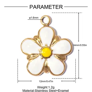 Close-up of enamel daisy pendant showing 12mm size and stainless steel material