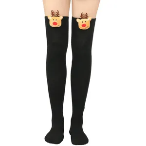 Festive black over-the-knee socks featuring cute 3D plush reindeer head design