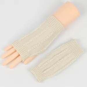 Detailansicht beige gestrickte fingerlose Armstulpen mit Daumenloch und Zopfmuster