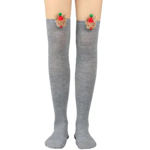 Grey over-the-knee Christmas socks featuring cute plush reindeer with red hats