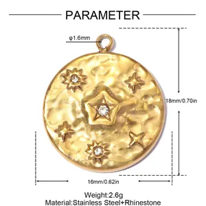 Detailed measurements of gold stainless steel sun star pendant with rhinestones