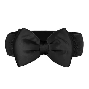 Black elastic waist cinch belt with large satin bow for women's dress decoration