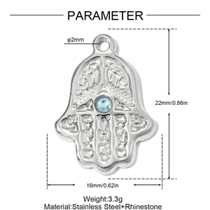 Detailed dimensions of stainless steel Hamsa hand pendant with blue rhinestone