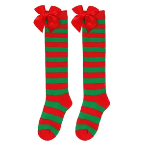Christmas red and green striped knee-high socks with red satin bows for girls