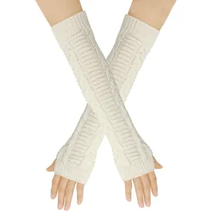 Long cream cable knit fingerless gloves and arm warmers for women's winter warmth and style