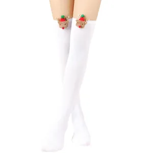 White over-the-knee Christmas socks with cute 3D plush reindeer decoration for women