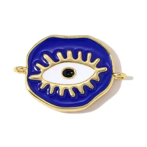 Detailed macro shot of a blue enamel evil eye charm connector for DIY jewelry making