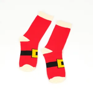 Detailed view of red Christmas holiday socks featuring a festive Santa Claus belt design