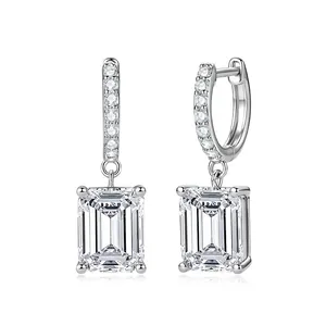 Elegant Emerald Cut Moissanite Hoop Drop Earrings For Women Copper Electroplated Rhinestone Inlaid Dangle Earrings Jewelry