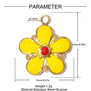 Detailed dimensions and specifications of the yellow enamel five-petal flower pendant