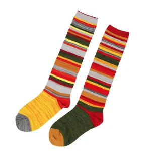 Detailed view of vintage Harajuku style colorful striped cotton knee-high socks for women
