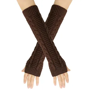 Stylish long brown cable-knit fingerless gloves for women, warm winter acrylic arm warmers
