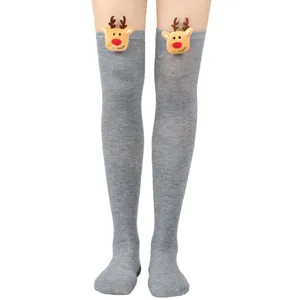 Cute grey Christmas over-the-knee socks with 3D plush reindeer decoration for women
