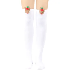 Detailed view of white over-the-knee Christmas socks featuring 3D plush reindeer heads