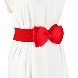 Macro detail shot of red elastic waist belt featuring a large satin bow on white dress