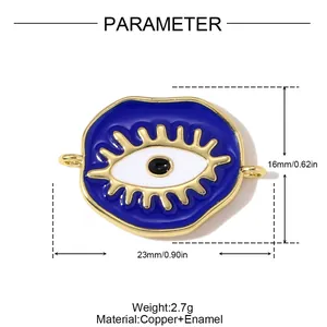 Close-up of blue enamel evil eye charm showing 23mm width and 16mm height specifications.