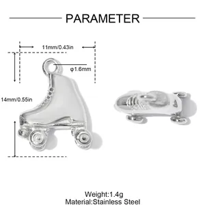 Detailed size specifications of silver stainless steel roller skate charm