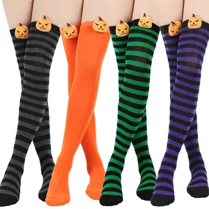 Halloween striped over-the-knee socks with 3D pumpkin doll decor in four colors