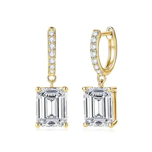 Elegant gold-plated moissanite hoop earrings with emerald-cut stone pendants.