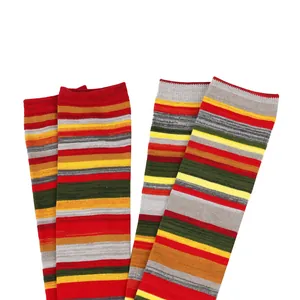 Detailed view of vibrant retro striped knee-high cotton socks featuring harajuku style.