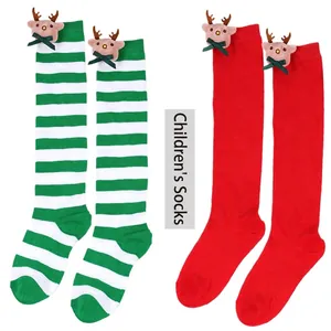 Children Christmas Reindeer Doll Long Socks Striped Over The Knee Knit Stockings For Girls Winter Warm Festive Party Accessories
