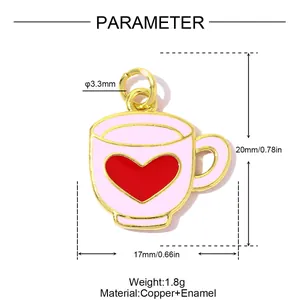 Detailed dimension view of 17x20mm pink enamel coffee cup pendant with red heart design