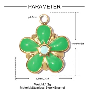 Detail view of green enamel daisy flower pendant with dimension and material specifications