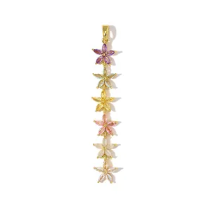 Detailed view of a long vertical flower pendant with six multicolored zircon stones