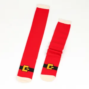 Festive red Santa Claus themed calf socks with belt design and white cuffs