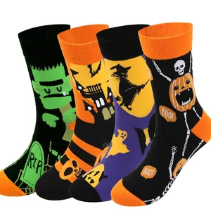 Halloween Men Extra Large Cotton Mid-Calf Socks Retro Festive Witch Pumpkin Pattern Breathable Winter Warm Party Stockings