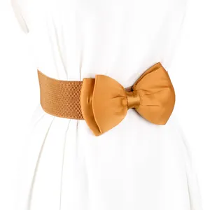 Close-up of golden elastic belt with a large chiffon bow decoration on white dress
