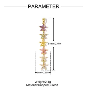 Long multi-color flower tassel pendant in copper zircon with detailed dimensions