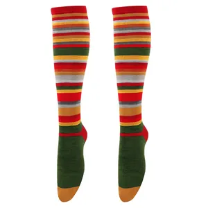 Detail view of retro colorful striped knee-high socks with vibrant Harajuku style