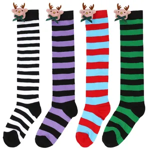 Children's striped Christmas socks featuring cute 3D plush reindeer dolls and green bows