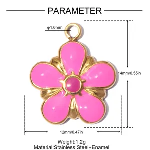 Detail view of pink enamel flower charm with specific 14mm by 12mm dimensions shown