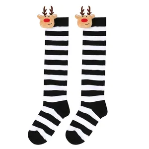 Children's Christmas long socks with cute 3D reindeer plush doll and black stripes