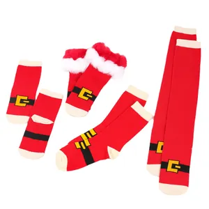 Festive red Santa belt themed socks in various lengths with warm fuzzy trim for holidays
