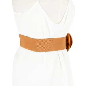 Macro view of a wide brown elastic cinch belt featuring a decorative chiffon bow accent.