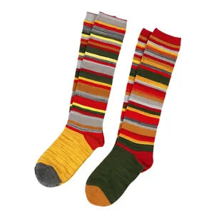 Retro colorful striped knee-high cotton socks for women, presented on a clean white background