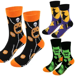 Multi-pattern Halloween men's cotton socks with pumpkin, witch, and Frankenstein designs