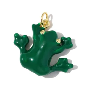 High-quality detailed close-up of a glossy green enamel frog pendant with gold accents