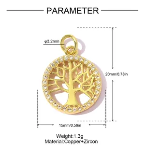 Detailed size measurements and material specs of gold Tree of Life copper zircon pendant