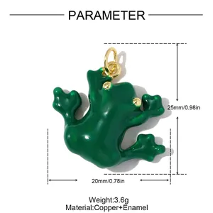 Detailed view of green enamel frog pendant with dimensions and copper material info