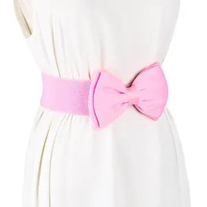 Close-up of a pink elastic waist belt with a large decorative butterfly bow